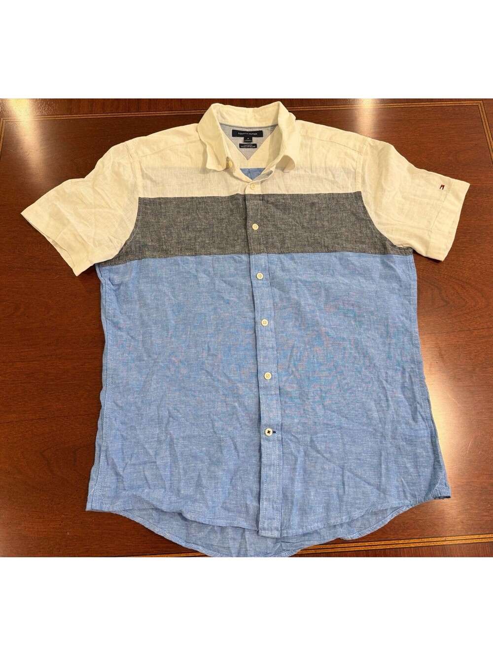 Tommy Hilfiger Custom Fit Shirt Mens M Blue White Colorblock Short Sleeve